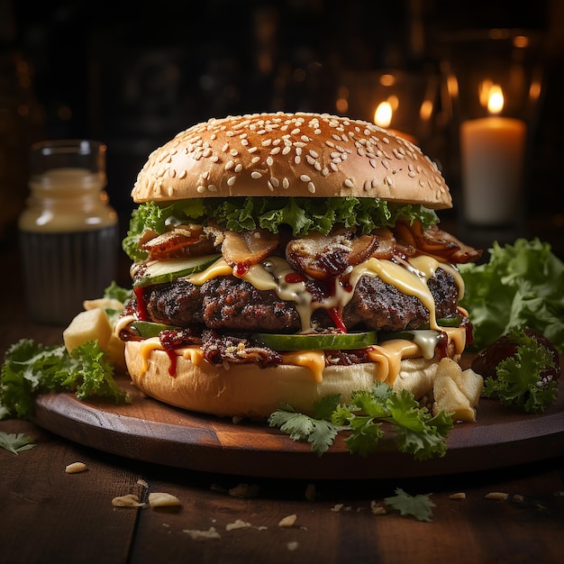 Burger with meat cutlet cheese and herbs on a wooden table