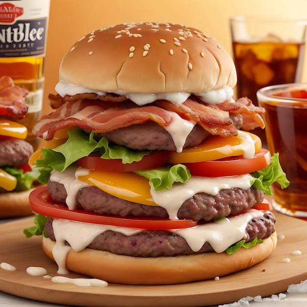 Burger with Melted Cheese on a Rustic Table