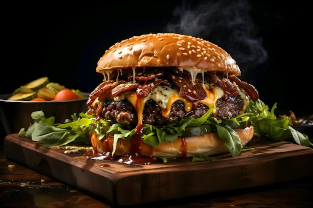 Burger with melted cheese on wooden table