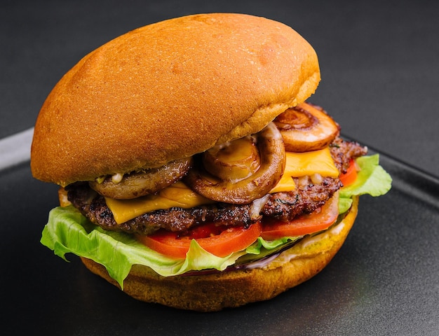 Burger with mushrooms and cutlet on black tray