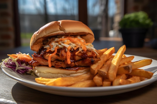 A burger with pulled pork and fries on a plate