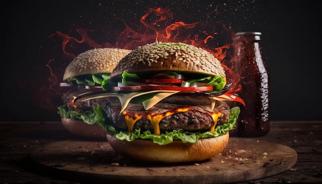 A burger with a red flame behind it