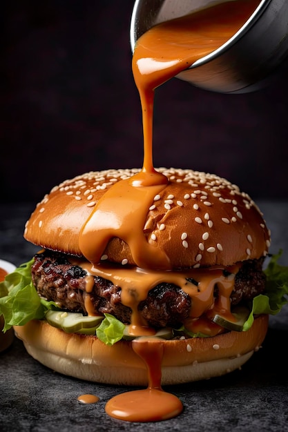 A burger with a sauce dripping off it