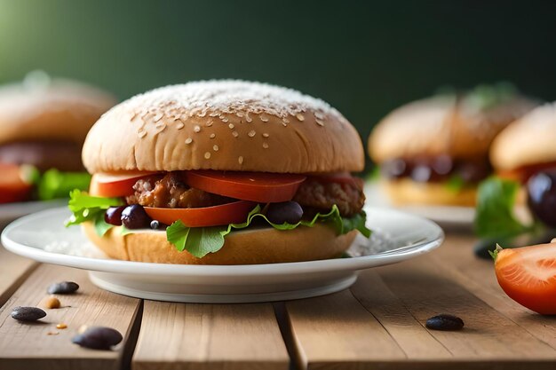 A burger with a sesame seed bun on a wooden table.