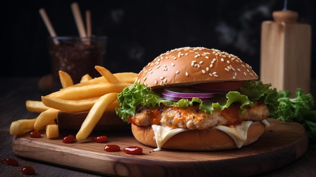 A burger with a side of fries and a glass of beer