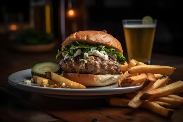 A burger with a side of fries and a glass of beer