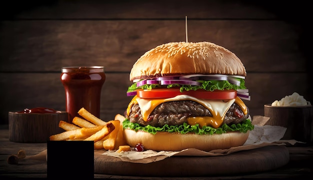 Un hamburger con contorno di patatine fritte e un bicchiere di ketchup