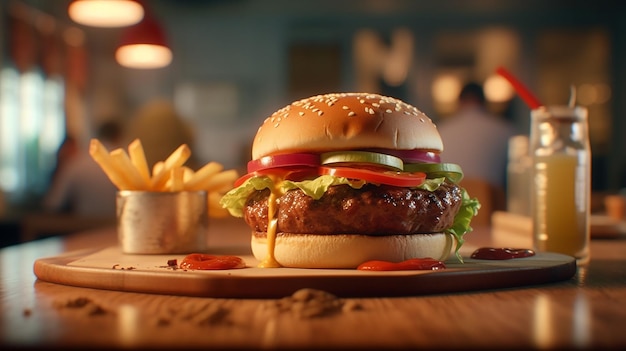 A burger with a side of fries on it