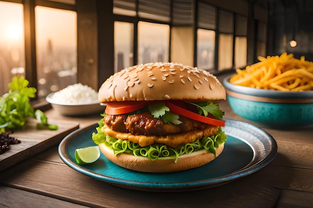 A burger with a side of fries on a plate