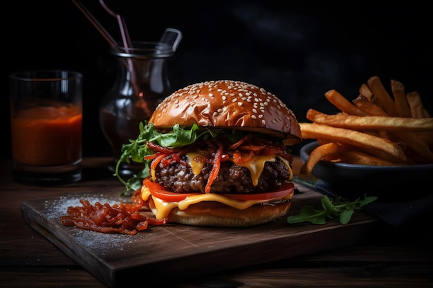 A burger with a side of fries on a wooden board