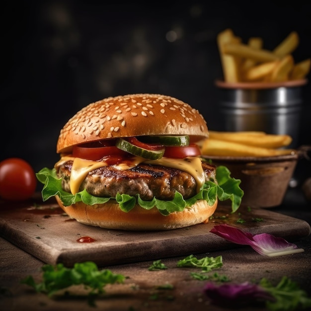 Photo a burger with a side of fries on a wooden board