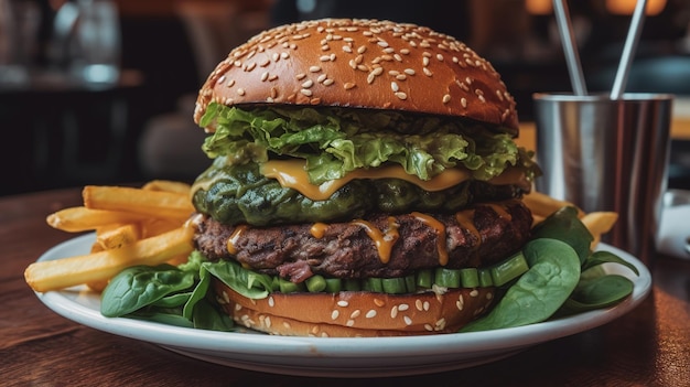 A burger with a side of lettuce on it