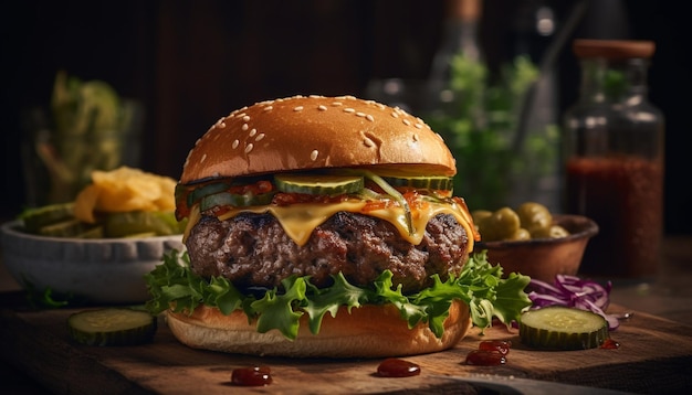 A burger with a side of pickles and a side of pickles on a wooden board.