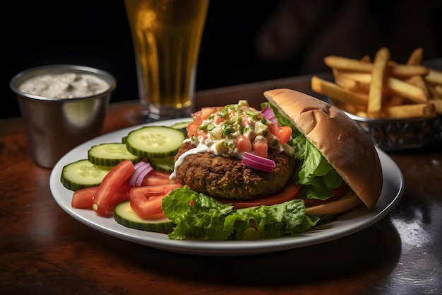 A burger with a side of salad and a glass of beer