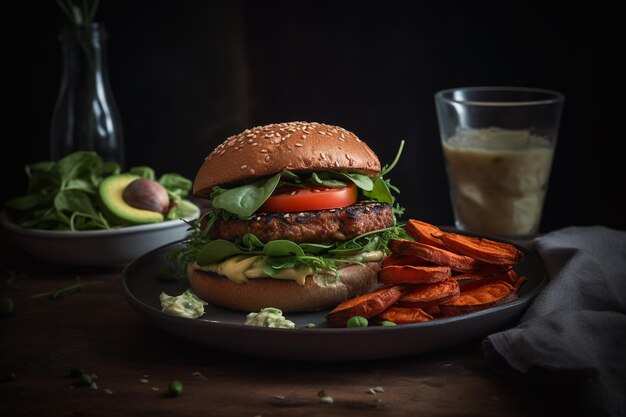 Photo a burger with a side of sweet potato fries on a plate