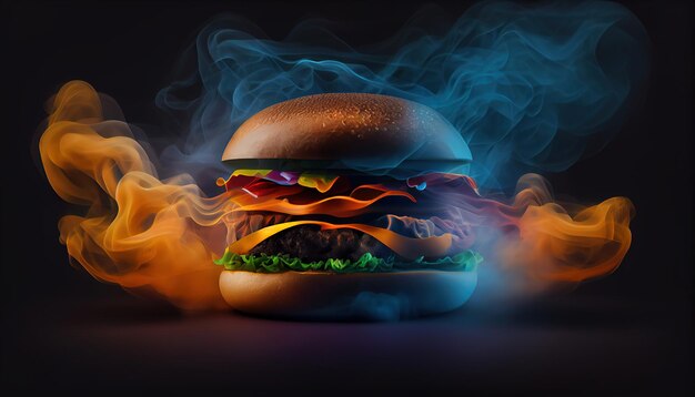 A burger with a smokey background and a burger with the words burger on it.