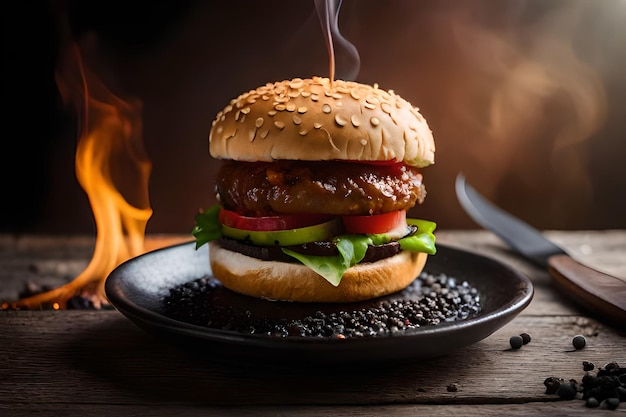 A burger with a smokey face and tomato on it