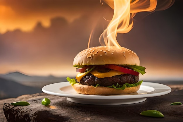 A burger with a smokey flame on it