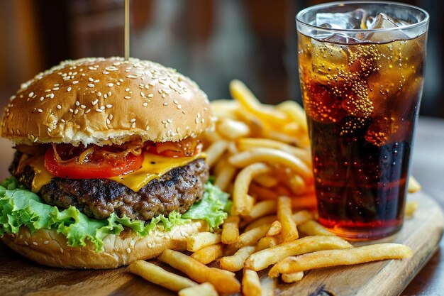 Foto burger con soda e patatine fritte.