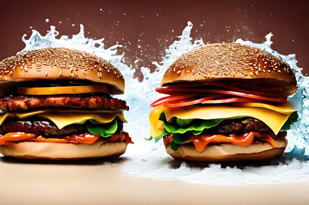 burger with splashing water background