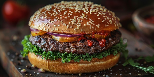 Foto burger con lattuga di pomodoro e sottaceti su un tavolo di legno