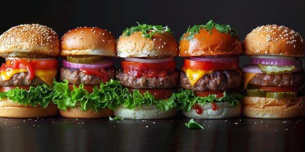 Burger with tomato lettuce and pickles on a wooden table