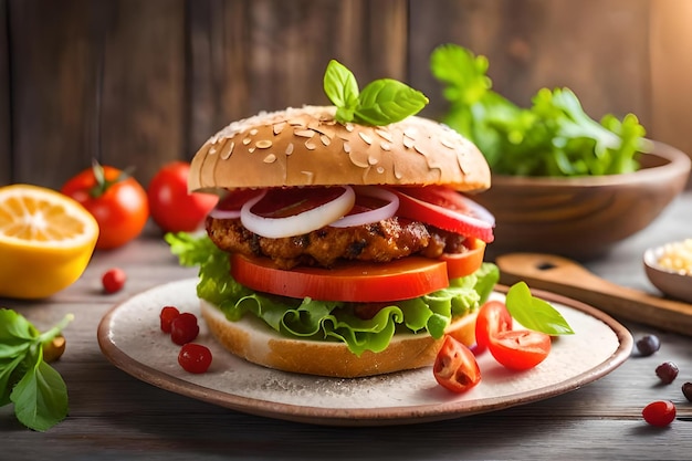 A burger with tomatoes and lettuce on a plate