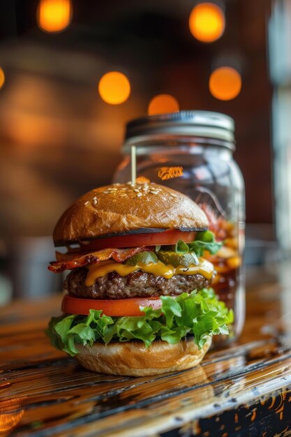 Photo a burger with transparent jar