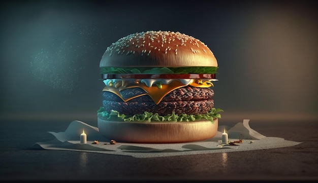 burger with vegetables and melted cheese on black background generative ai