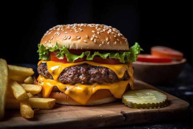 Burger with veggies meat and melted cheese