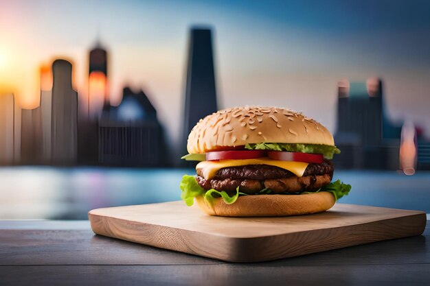 A burger with a view of the city behind it