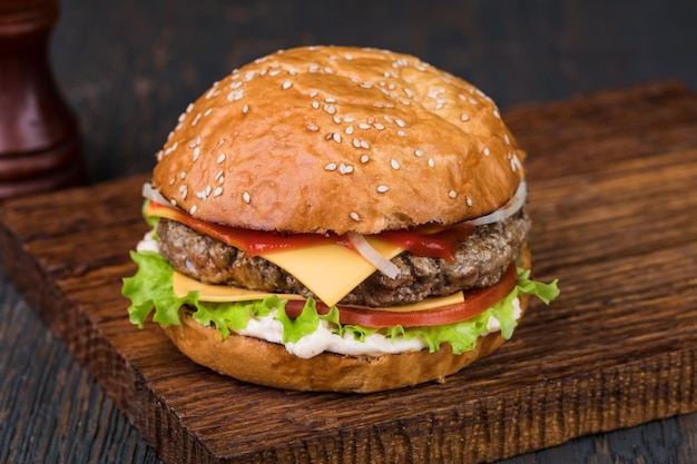 Burger on a wooden board