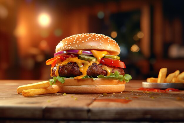 burger on the wooden table