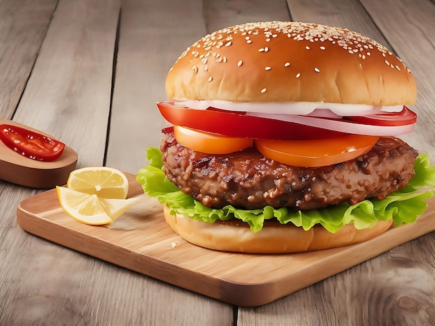 A Burger Above On The Wooden Table