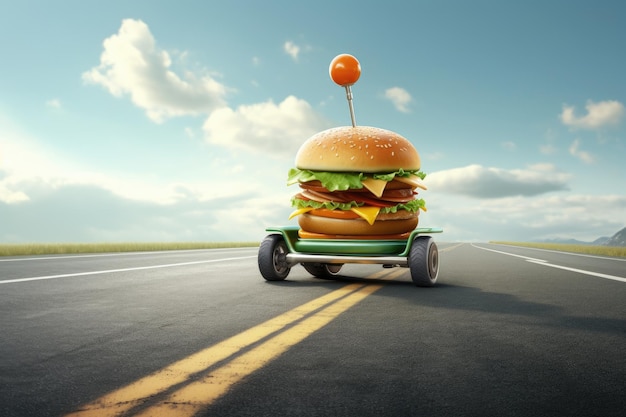 Foto burgerbezorging snelle hamburgerauto cheeseburger als fastfoodauto hamburger rijdend op de weg