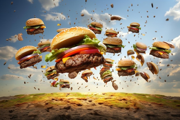 ハンバーガー または ハンバーガーは 移動で分離された層を飛ぶ