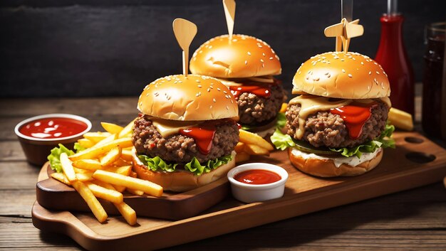 Burgers op houten dienblad met friet, rundvlees, kip, ui, sla, tomatensaus.