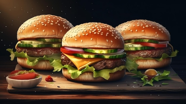 Burgers on a slate plate fast food sandwich cuisine Food background Generative Ai