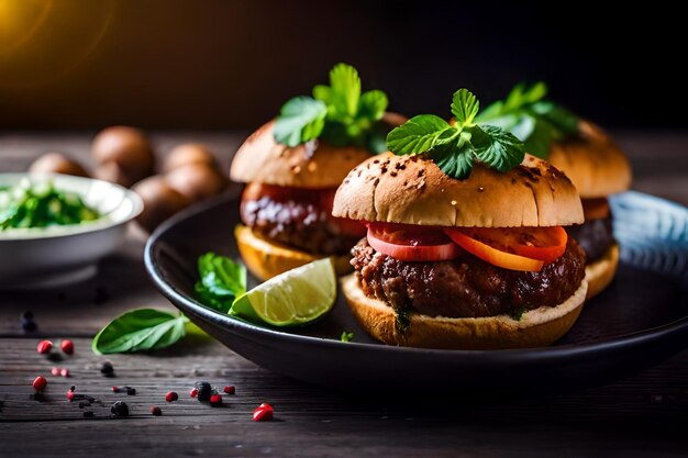 Burgers with herbs and spices on a plate