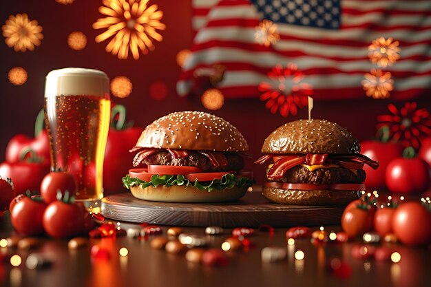 Foto burger su una tavola di legno in un pub barbecue con birra bandiera americana e fuochi d'artificio sullo sfondo 4 luglio celebrazione del giorno dell'indipendenza happy hours e vendite