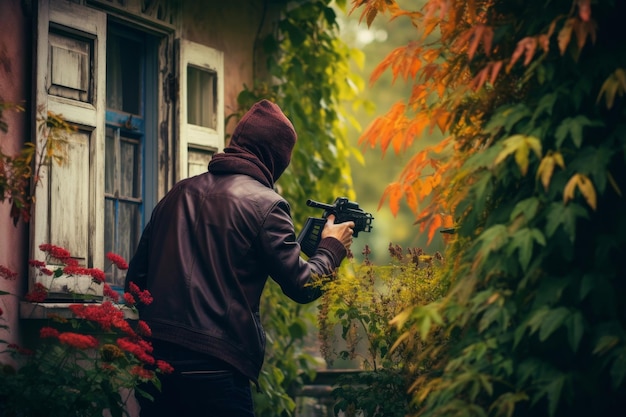 Photo burglar breaking into rural home theft crime scene concept criminal intrusion illustration