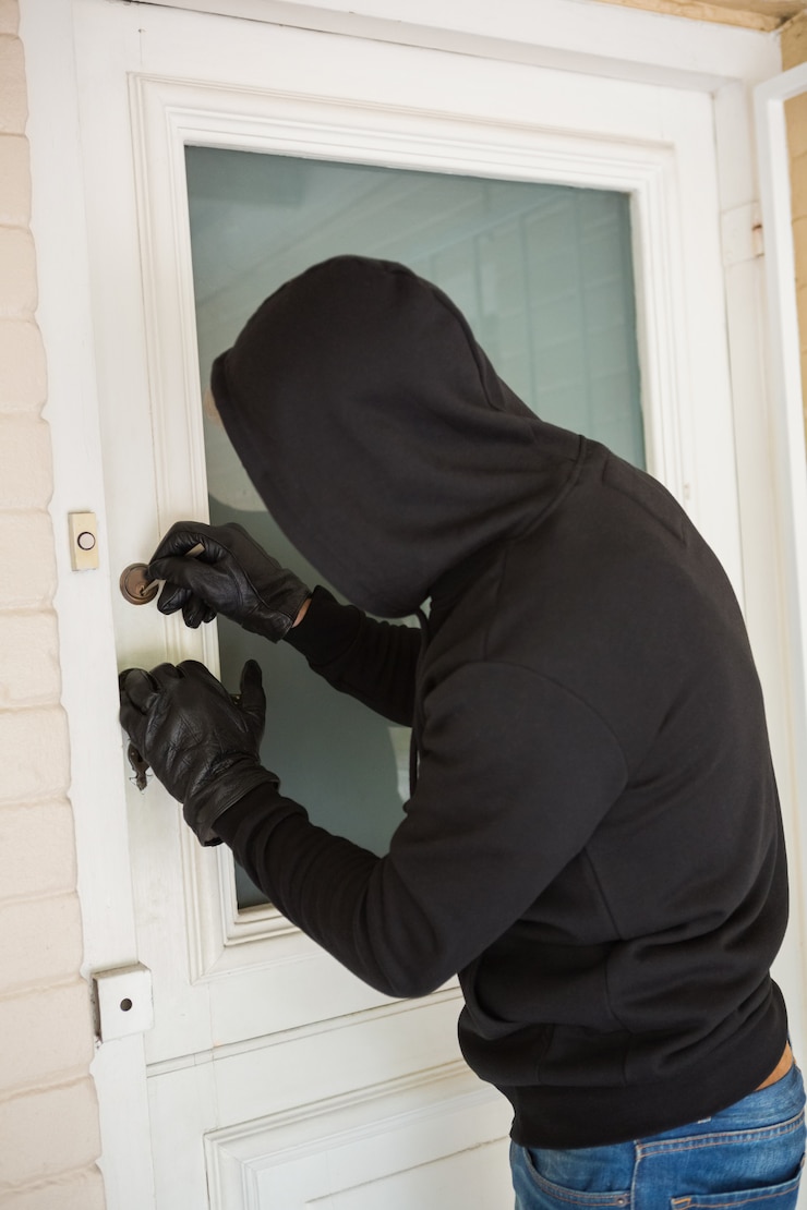 Photo burglar breaking open the door