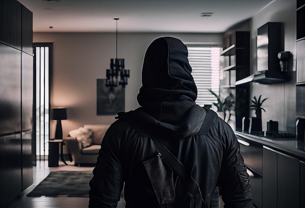 A burglar dressed in all black stands with his back to the camera in a modern apartment Generate Ai