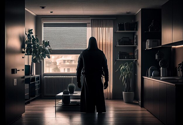 A burglar dressed in all black stands with his back to the camera in a modern apartment Generate Ai