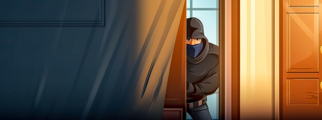 Burglar peeking from behind a door in a house with a focus on the eyes that convey a sense of