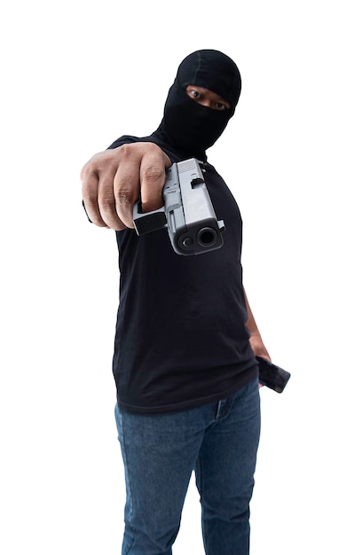 Burglar or terrorist Holding pistol in various poses on background isolated with clipping path