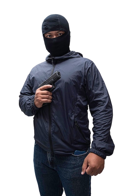 Burglar or terrorist Holding pistol in various poses on background isolated with clipping path