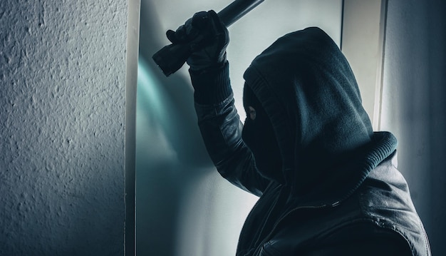 burglar with torch breaking and entering into a victim's home