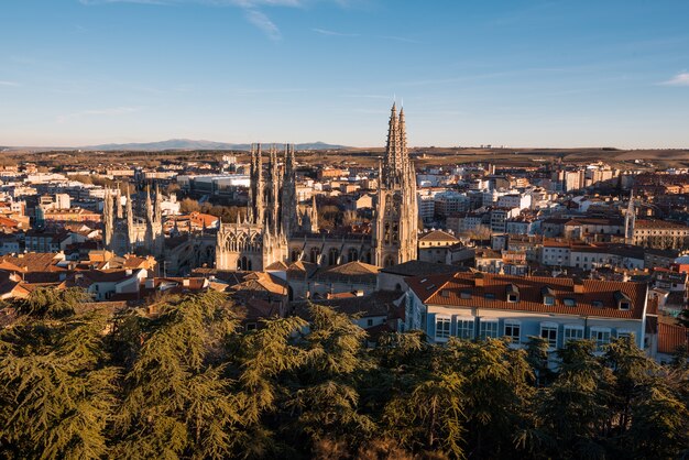 Burgos Cathedral and city panorama at sunset. Burgos, Castile and Leon, Spain.