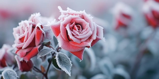 A burgundy blooming rose covered with white frost